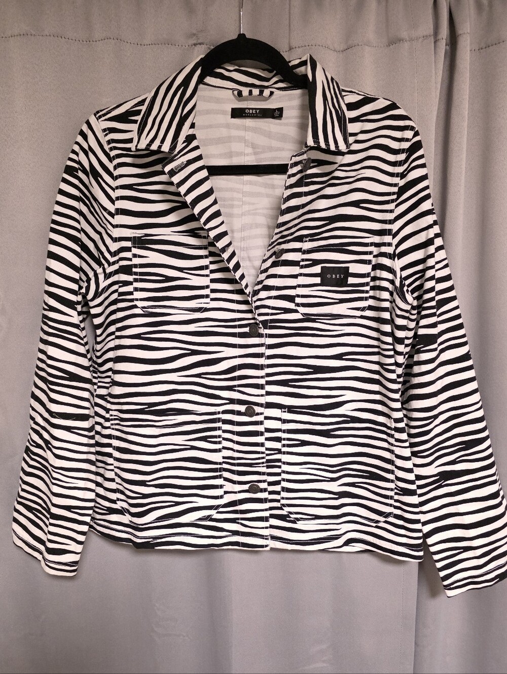 Obey Propaganda Black & White Zebra-Stripe Button Down  Jacket